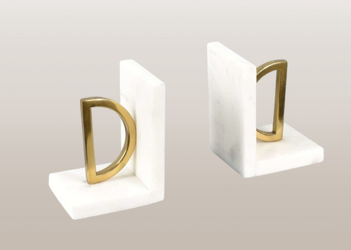 "D" Initial Bookends | White Marble & Brushed Brass | Set of 2