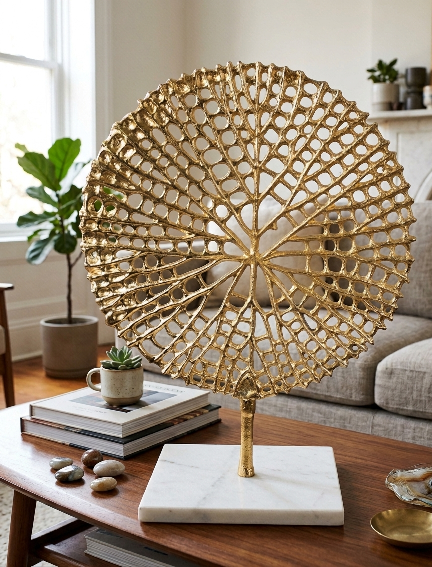 Gilded Lotus Leaf Filigree Tabletop Sculpture
