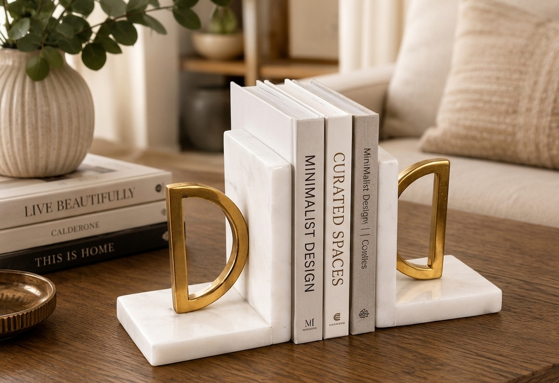 "D" Initial Bookends | White Marble & Brushed Brass | Set of 2